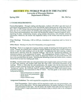 HISTORY 574--WORLD WAR II in the PACIFIC University of Wisconsin-Madison Department of History Spring 1994 Mr