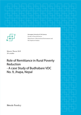 Role of Remittance in Rural Poverty Reduction a Case Study of Budhabare Vdc Ward No.9, Jhapa, Nepal