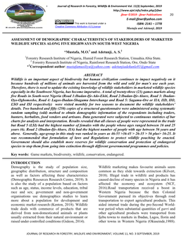 Assessment of Demographic Characteristics of Stakeholders of Marketed Wildlife Species Along Five Highways in South-West Nigeria