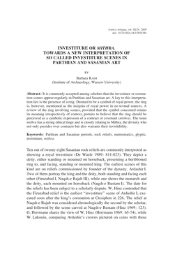 Investiture Or Mithra. Towards a New Interpretation of So Called Investiture Scenes in Parthian and Sasanian Art