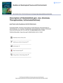 Description of Neoholothele Gen. Nov. (Araneae, Theraphosidae, Schismatothelinae)