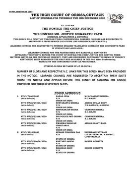 The High Court of Orissa,Cuttack List of Business for Thursday the 3Rd December 2020