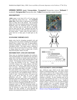 SPIDER MITES Acari: Tetranychidae Twospotted Tetranychus Urticae, Mcdaniel T