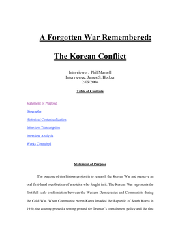 A Forgotten War Remembered: the Korean Conflict