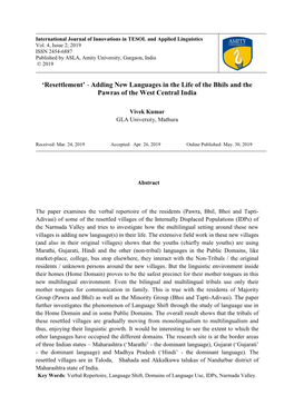 Resettlement’ - Adding New Languages in the Life of the Bhils and the Pawras of the West Central India