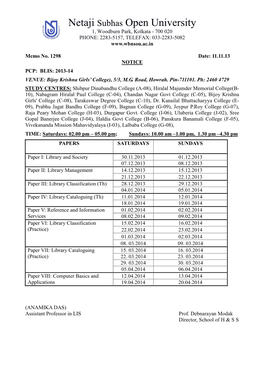 Netaji Subhas Open University 1, Woodburn Park, Kolkata - 700 020 PHONE: 2283-5157, TELEFAX: 033-2283-5082