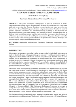 A NEW DAWN in ETCHE NAMES: a CULTURAL THREAT Michael Alozie Nwala (Ph.D) Department of English Studies, University of Port Harcourt