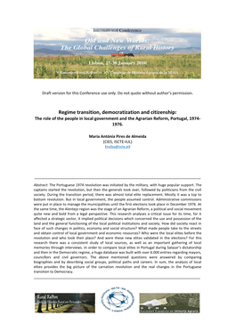 Regime Transition, Democratization and Citizenship: the Role of the People in Local Government and the Agrarian Reform, Portugal, 1974- 1976