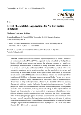 Recent Photocatalytic Applications for Air Purification in Belgium