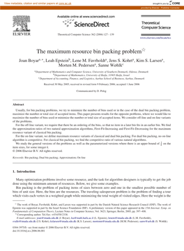 The Maximum Resource Bin Packing Problemଁ Joan Boyara,∗, Leah Epsteinb, Lene M