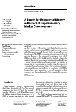 A Search for Uniparental Disomy in Carriers of Supernumerary Marker