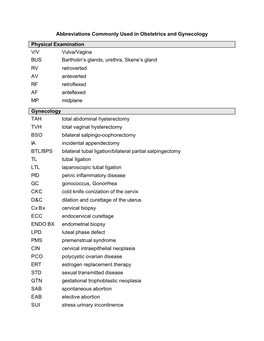 Abbreviations Commonly Used in Obstetrics and Gynecology