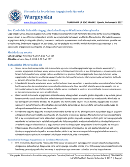 Siistemka La Socodsiinta Argagixisada Qaranka Wargeyska TAARIIKHDA LA SOO SAARAY: Qamiis, Nofembar 9, 2017