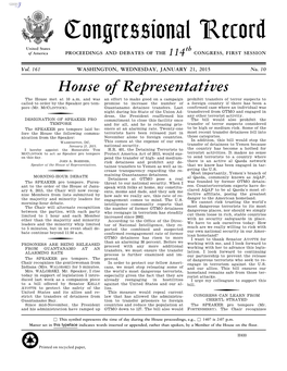 Congressional Record United States Th of America PROCEEDINGS and DEBATES of the 114 CONGRESS, FIRST SESSION