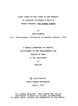 Larry Slade in the Light of the Worship of Dionysus in Eugene O'neill's Ironic Tragedy, the Iceman Cometh