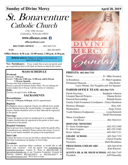St. Bonaventure Catholic Church 1565 18Th Avenue Columbus, Nebraska 68601 Office@Stboncc.Com