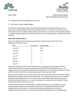 June 9, 2021 COVID-19 Status Report Oak Park Village Board of Trustees