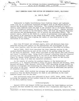 \Q-Nr BULLETIN of the SOUTHERN CALIFORNIA PALEONTOLOGICAL SOCIETY Vol.8, No.12 (December 1976), P.173-182 EARLY CAMBRIAN FAUNAS