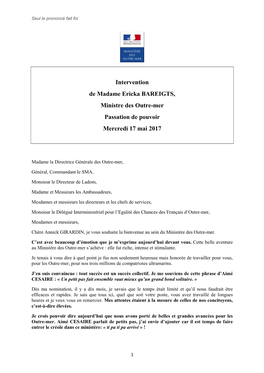 Intervention De Madame Ericka BAREIGTS, Ministre Des Outre-Mer Passation De Pouvoir Mercredi 17 Mai 2017