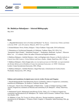 Dr. Bakhtiyar Babadjanov – Selected Bibliography May 2018