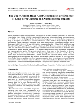 The Upper Jordan River Algal Communities Are Evidence of Long-Term Climatic and Anthropogenic Impacts