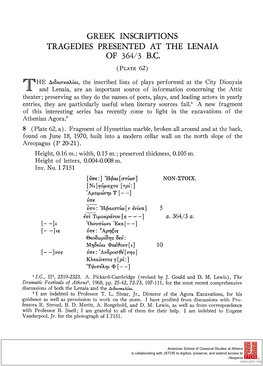Greek Inscriptions Tragedies Presented at the Lenaia of 364/3 B.C