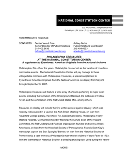PHILADELPHIA TREASURES at the NATIONAL CONSTITUTION CENTER a Supplement to Eyewitness: American Originals from the National Archives