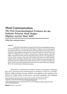 Short Communication: the First Zooarchaeological Evidence for the Endemic Palawan Stink Badger (Mydaus Marchei Huet 1887)