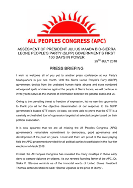 APC Reacts to SLPP 100 Days Statement