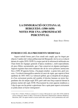 La Immigració Occitana Al Berguedà (1580-1650) Notes Per Una Aproximació Percentual