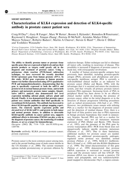 Characterization of KLK4 Expression and Detection of KLK4-Specific