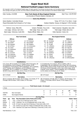 Super Bowl XLII National Football League Game Summary NFL Copyright © 2007 by the National Football League