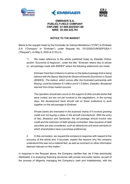 Embraer S.A. Publicly-Held Company Cnpj/Me: 07.689.002/0001-89 Nire: 35.300.325.761