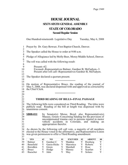 HOUSE JOURNAL SIXTY-SIXTH GENERAL ASSEMBLY STATE of COLORADO Second Regular Session