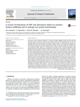 A Review of Limitations of GDP and Alternative Indices to Monitor Human Wellbeing and to Manage Eco-System Functionality