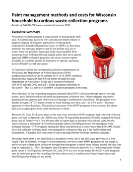 Paint Management Methods and Costs for Wisconsin Household Hazardous Waste Collection Programs Results of DNR/DATCP Survey, Conducted Summer 2015