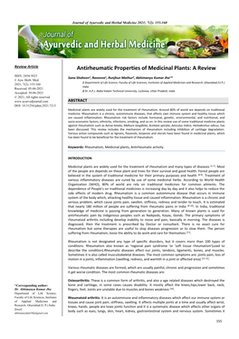 Antirheumatic Properties of Medicinal Plants: a Review ISSN: 2454-5023 Sana Shaheen1, Raveena1, Runjhun Mathur2, Abhimanyu Kumar Jha1* J