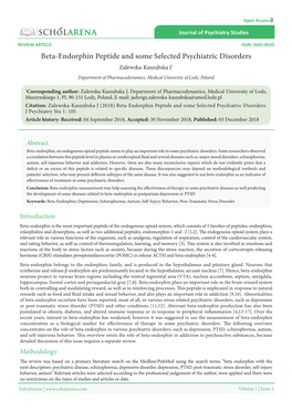 Beta-Endorphin Peptide and Some Selected Psychiatric Disorders Zalewska-Kaszubska J* Department of Pharmacodynamics, Medical University of Lodz, Poland