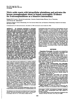 Nitric Oxide Reacts with Intracellular Glutathione and Activates the Hexose Monophosphate Shunt in Human Neutrophils