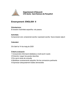 Ensenyament: ENGLISH II