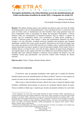 Percepções Da História E Da Crítica Literárias Acerca Dos Desdobramentos Do Gótico Na Literatura Brasileira Do Século XIX E O Despontar Do Século XX