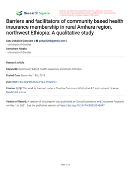 Barriers and Facilitators of Community Based Health Insurance Membership in Rural Amhara Region, Northwest Ethiopia: a Qualitative Study