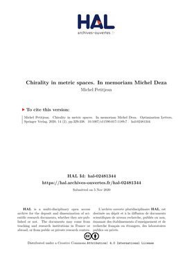 Chirality in Metric Spaces. in Memoriam Michel Deza Michel Petitjean