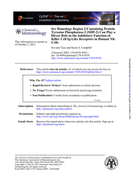 SHP-2) Can Play a Direct Role in the Inhibitory Function of Killer Cell Ig-Like Receptors in Human NK This Information Is Current As Cells of October 2, 2021