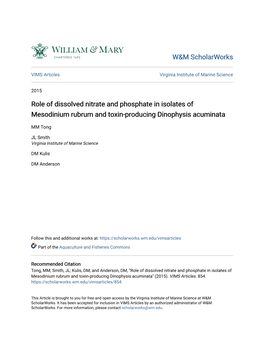 Role of Dissolved Nitrate and Phosphate in Isolates of Mesodinium Rubrum and Toxin-Producing Dinophysis Acuminata