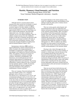 Mastitis, Mammary Gland Immunity, and Nutrition Daniela Resende Bruno, DVM, Phd Texas Veterinary Medical Diagnostic Laboratory - Amarillo