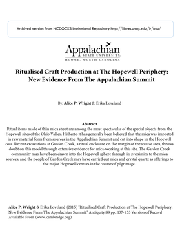 Ritualised Craft Production at the Hopewell Periphery: New Evidence from the Appalachian Summit