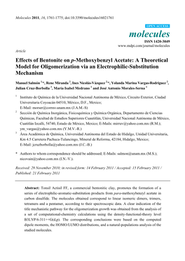 Effects of Bentonite on P-Methoxybenzyl Acetate: a Theoretical Model for Oligomerization Via an Electrophilic-Substitution Mechanism