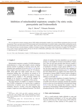 Inhibition of Mitochondrial Respiratory Complex I by Nitric Oxide, Peroxynitrite and S-Nitrosothiols