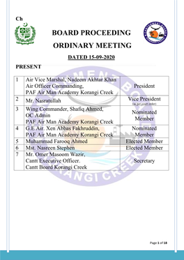 Board Proceeding Ordinary Meeting Dated 15-09-2020 Present